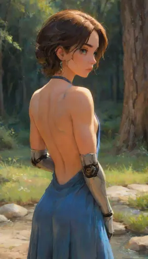 (masterpiece, best quality:1.2), from behind, solo, male focus, 1boy, totklink, mechanical arms, expressionless, looking back, earrings, backless outfit, blue dress, detached sleeves, outdoors, best quality, 8k, insane details, intricate details, hyperdetailed, hyper quality, high detail, ultra detailed, professional, HDR, ray tracing reflection, cinematic lighting, highlydetailedbody, realisticface, highlydetailedhair, insanelydetailed, 8K.highdetailedskin, highresolution, perfectfingers, (j_cartoon:1.5), drawing, <lora:xl_totkl:.85>, <lora:SDXLHighDetail_v6-000005:.8>, <lora:samdoesarts1.1-000030:.4>, <lora:J_cartoon:.3>, <lora:Animated_Concept:.4>