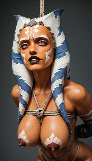 Solo, spaceship, horny face, ((((Ahsoka Tano)))), ((((((black transformer body:1.5)))))), ((((((devil vampire skin:1.6)))))), (((rope bondage, tied tits, tits tied tightly, hanging from ropes on tits))), rope bondage tied on breasts, huge breasts, score_9, score_8_up, score_7_up, (athletic body with muscular arms and shoulders:1.4), NEGATIVE_HANDS, <lora:Animated_Concept:2>, <lora:hentai_anime_style_xl_v1:2>