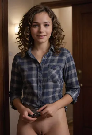A young adult, light-skinned female, with shoulder-length curly light brown hair, round face, snub-nose, small lips, cross-eyes, smiles warmly, holding a black handheld device. She is wearing a casual button-down light gray and navy plaid shirt, she wears no pants, and no panties, presenting her hairy vagina. A simple gold necklace is visible under the shirt. The girl is standing in a dimly lit indoor space or entryway, positioned slightly to the left of the frame. A dark doorway or wall is behind her, creating a very dark background. The lighting is soft and slightly focused on the subject, highlighting the details of the face, hair, and clothing. The colors are muted, focusing on the warm tones of the skin and the moderate tones of the clothes. The overall impression is friendly and approachable. The image is shot from a slightly low angle, focusing on the subject. A sense of intimacy and quiet interaction is conveyed by the pose and expression. Photorealistic, detailed, cinematic lighting, medium close-up, <lora:XL-WomanBodyV2:1.7>, absolutely, terrifying, <lora:absolutely_terrified:.8>