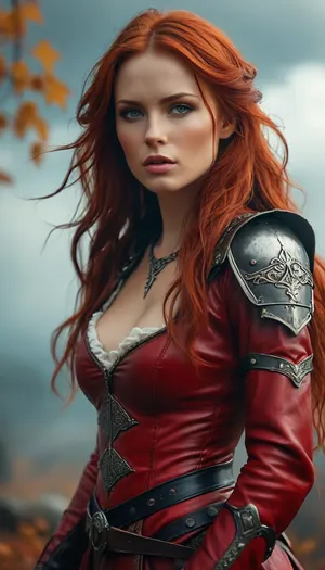 Stunning warrior princess. 30 years old. Long autumn red hair. Red leather clothing. Seductive pose, fantasy mystical setting, mist, cloud, dark, 32k super high quality, ultra realistic, <lora:454069_training_data:2>, <lora:Adjust_SDXL_v3.0:2>, <lora:MJ52:.6>