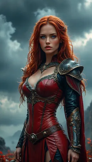 Stunning warrior princess. 30 years old. Long autumn red hair. Red leather clothing. Seductive pose, fantasy mystical setting, mist, cloud, dark, 32k super high quality, ultra realistic, hkstyle, <lora:454069_training_data:1.4>, <lora:Adjust_SDXL_v3.0:1.6>, <lora:MJ52:1.7>, <lora:SDXLFaeTastic2400:1.2>, <lora:hkstyleV5:1.6>