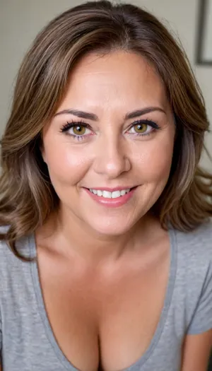 Photo of a fat 60 year old mature brunette woman with beautiful eyes, ((seductive)), realistic skin, skin texture visible, (sharp focus), (high quality), (face visible), ((Detailed Face and Eyes)), 8k high definition, ((tanned woman)), ((striking bright amber eyes)), ((wild light brunette hair with gray streaks:1.3)), ((stunningly beautiful woman)), ((sexy woman)), ((thin low-cut v-neck t-shirt)), ((smiling)), close up, ((leaning towards viewer)), ((saggy)), ((cleavage)), ((pokies)), ((erotic background)), (((perfect lighting))), ((front view)), (((looking at viewer))), (((chubby face:1.3))), (((round face:1.3))), ((mature woman)), (detailed skin texture, skin imperfections), (age-appropriate skin condition, wrinkles, wrinkled skin), downblouse, nipslip, fat，, chubby，, <lora:add-detail-xl:.8>, <lora:RealDownblouseXL2:1>, <lora:chubbyladyXL2.0:.5>