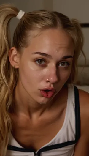 cute sweet blonde 21yo girl with two ponytails, skinny body, small tits, in her pajama, ((thick cum on her face)), she is in pain and lust, sticking tongue out, ((fucked doggystyle by athletic black alpha guy with big erect cock)), tack sharp, ultra realistic, artsy, high cheekbones, skinny face, (long face), (long skinny nose), ((looking at the cam))