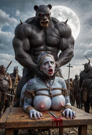 female drow elf barbarian, (blue skin:1.82), tall, angry, busty, curvy, thin waist, big boobs, big butt, slim, fit, vitiligo, strong, fur pelt armor, dungeons and dragons, purplish blue skin, black and purple hair, Dark, Elf, Warrior, Drow, tattooed, scarred, purple eyes, blue skin, amazon, giant, fur barbarian armor, bloody, blood spatter, bear, bear heart, (in a bloody filed after a battle, white full moon in the sky:1.4), (man is choking her from behind:1.4), ((hogtied, bound with large chains, crucified to a torture table, spikes through hands:1.3)), (torture:1.32), (large sharp sword in anus:1.12), cock in mouth, (brutal face fuck), Blowjob, (tears in eyes:1.5), (running makeup), (cum drips from nose:1.3), (cum drips from mouth:1.3), ultra hd, photorealistic, hyper gigantic large black cock in mouth, (((hyper gigantic large black cock in mouth:1.3))), oral cream pie, hair grab, sad crying, tongue out, gasping for air, zavy-brbrn, gangbang, double anal penetration, anal spitroast, groupsex, deepthroat, (4 gigantic African black brute thug, huge trunklike arms, huge head, hyper muscular body, dressed in slave clothes:1.32), ((hogtied, bound for sex, tied up)), (((hyper gigantic large white cock in mouth:1.3))), (pulled nipples:1.2), nipple clamps, (((spitroast))), (((hyper large cock in mouth:1.3))), screaming, shocked, deep anal penetration, Uber realistic, 8k, ultra detailed, masterpiece, arched back, detailxl, 35mm photograph, film, professional, 4k, 1girl, 5 boys, hdr, photographic, ultra realistic, ultra high details, back light, (front view), (dynamic pose), best quality, incredibly lean body, anal sex, with large muscular black men, gargantuan black cocks, large hyper muscular fat old men, (double anal sex), swollen white veiny cocks, (double anal penetration), hardcore double penetration, proper physics, big white cocks, muscular white double anal gangbang, (forceful penetrations), extremely graphic, shocked expression, beautiful hands, defeating a woman in combat, fighting, killing, blood, winning fight, magazine cover, Realism_Quality_2xx_By_Stable_Yogi, score_9, score_8_up, score_7_up, (((very pretty face:1.3))), (((extremely ultra detailed face:1.3))), perfect fingers and hands, upper body view, (extreme size difference:1.6), (ultra realistic), (maximum quality), (high resolution), (extreme detail), (ultra realism), UHD, super high quality, highly detailed, high resolution, perfect lighting, natural lighting, (dynamic angle), (random angle), (random pose), (dynamic view), (random view), golden hour, rich details, nature-inspired color palette, <lora:Dark_Elf_Warrior:2>, <lora:Drow:2>, <lora:339100_training_data:2>, <lora:zavy-brbrn-sdxl:2>, <lora:LCMTurboMix_Euler_A_fix:2>