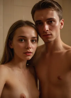 Selfie of young russian girl and her boyfriend in russian bathroom after sex, small tits, sweaty, realistic, cum on face