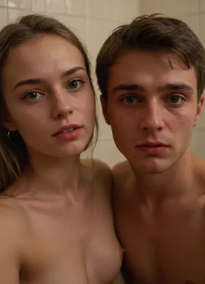 Selfie of young russian girl and her boyfriend in russian bathroom after sex, small tits, sweaty, realistic, cum on face