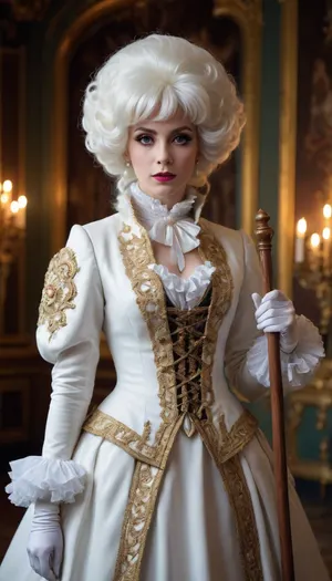 strict woman, countess, bright makeup, white fluffy wig, uniform dress, cane in hand, full-length, rococo style