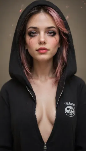 3/4 body view, 1/4 rotated view, (young:.4), ((kyla kenedy)), (open hoodie, unzipped), hood up over head, face exposed, looking down away from viewer, (goth makeup:1.2), (thick mascara, clumped), (eyeliner with wing designs), (pink sparkles:1.4), dark colors contrasting soft, (milky creamy unblemished skin:1.2), (black to pink hombre hair), spilling out from the hood, sexy neckholder croptop barely covers her nipples, hands buried in hoodie pockets, at the music club, smile, big green eyes shine, beautiful face, perfect legs, posing at the venue, lots of details, smiles sweetly, dimples on cheeks, (dimpled), chin, hyper-realism, hyper-detailed, photo-realism, filigree, transparent, bright environmental tones, contrast, alt, fashion, <lora:175726_training_data:1.6>, <lora:alt_fashion_v2:1.5>