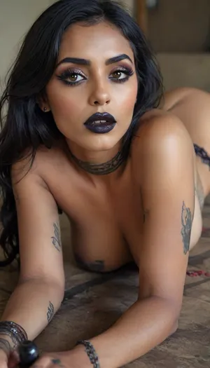 Dark indian modern model, naked, Natalie, (ultra high resolution:1.5), full nude, BadX, natural breasts, (very narrow hips), beautiful face, masterpiece, extremely detailed 8K, Smokey eyes, black lipstick, goth makeup, woman, laying, on, stomach, <lora:BUT_SDXL_SHS:.7>, <lora:woman_laying_on_stomach_xl_lora_reg-000027:2>, <lora:milkers_v2:.8>