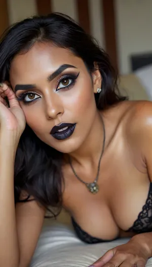 Dark indian modern model, naked, Natalie, (ultra high resolution:1.5), full nude, BadX, natural breasts, (very narrow hips), beautiful face, masterpiece, extremely detailed 8K, Smokey eyes, black lipstick, goth makeup, woman, laying, on, stomach, <lora:BUT_SDXL_SHS:.7>, <lora:woman_laying_on_stomach_xl_lora_reg-000027:2>