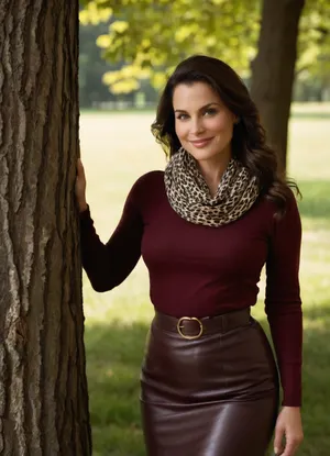 The image is a medium shot of a woman standing outdoors, leaning against a tree. She has a cheerful expression. The image features a beautiful very sexy 55yo woman. Cinematic. well fed with a nice tummy, belly rolls, sturdy thighs, Skin with age marks. Stocky physique. Beautiful Love handles. Round buttocks. Normal overly attractive girl next door. Body according to age with imperfections. Oval face. Pale skin, no tan. Height 170cm. Breast size 80C. Smiling. Dark brunette hair, very thin hair, hair parted on one side. very high forehead. thinning hair with little volume, hair combed back tucked behind ears, Sturdy thighs, little tummy, wide very female hips, Decent makeup. Small eyes. Thin eyebrows. Beautiful capturing mature woman. Smiling.

The model is a woman with dark, wavy hair, styled with a side part. She has a warm smile and is posing with a scarf, adding a sense of movement and elegance to the image. She is wearing makeup.

Top, A long-sleeved, burgundy sweater. It has a subtle V-neckline and cut-out details on the shoulders. Skirt, A burgundy wrap skirt with a decorative clasp closure at the waist. Tights, She is wearing opaque black tights. Boots, She is wearing knee-high, burgundy leather boots with a pointed toe. Scarf, A long burgundy scarf is draped around her, adding to the overall look.

The lighting suggests it's a sunny day.
Setting and Background, • Environment, The scene is outdoors, likely in a park or a place with trees. Trees, The woman is leaning against a tree with rough, textured bark. There is another tree visible in the background, suggesting a wooded area. Lighting, The lighting suggests it's a sunny day, with some highlights on the woman's hair and face.
Pose, The woman is leaning against the tree, with one arm resting on her hip and the other holding the phone. Her body language is relaxed and casual.
Overall Tone, The image has a positive and relaxed tone. The woman's smile and the sunny setting create a cheerful atmosphere.