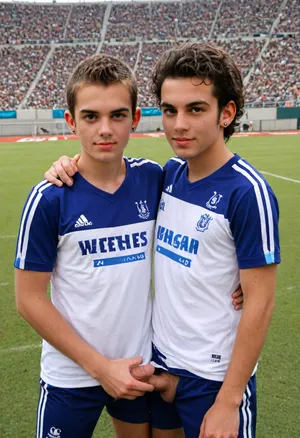 Two young men, 20 years old, fuck on the football field after winning a game.