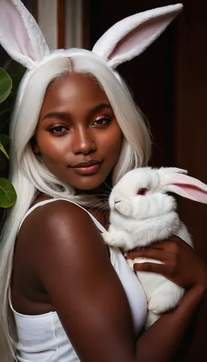 score_9, score_8_up, score_7_up, The image is an illustration of a young woman with long white hair and red eyes. She is wearing a white tank top and has a pair of bunny ears on her head. The woman is holding a white rabbit in her arms and is kissing it tenderly. The rabbit has its eyes closed and appears to be sleeping. The background is a room with a window and a plant. The overall mood of the image is peaceful and serene. dark_skin, rating, safe, white_hair, heart, animal_ears, 1girl, red_eyes, long_hair, parted_bangs, bunny_ears, hug, bare_shoulders, window, smile, half-closed_eyes, indoors, looking_at_viewer, one_eye_closed, igbaddie, <lora:igbaddie-XL:.8>