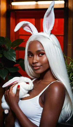 score_9, score_8_up, score_7_up, The image is an illustration of a young woman with long white hair and red eyes. She is wearing a white tank top and has a pair of bunny ears on her head. The woman is holding a white rabbit in her arms and is kissing it tenderly. The rabbit has its eyes closed and appears to be sleeping. The background is a room with a window and a plant. The overall mood of the image is peaceful and serene. dark_skin, rating, safe, white_hair, heart, animal_ears, 1girl, red_eyes, long_hair, parted_bangs, bunny_ears, hug, bare_shoulders, window, smile, half-closed_eyes, indoors, looking_at_viewer, one_eye_closed, igbaddie, <lora:igbaddie-XL:.8>