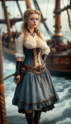 Art. steampunk, ((maximum image depth of field)), (full-length fat woman), ((18 years old)), steampunk costume, (tiny Meika Woollard:1.5), (icy blue eyes:1.4), a beautiful blonde in sexy clothes is steering a ship. She looks confident and graceful, dynamic scene, (steampunk sailboat), mid-thigh boots, (skirt of leather stripes and straps), (wide hips:1.29), (very thick legs:1.49), ((body tattoos:1.72)), (nipple slip:1.5), (plump, protruding nipples:1.5), Greg Rutkowski, steampunk noir, raging sea waves, steampunknoireai, <lora:MJ52:.9>, <lora:style_lora_realis:.7>, <lora:greg_rutkowski_xl_2:.9>, <lora:longnipsxl:.4>, <lora:SteamPunkNoireAIp:1.2>