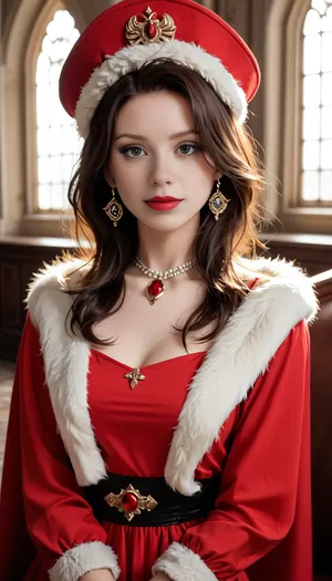 masterpiece, dslr, ultra detailed, bright light, bright colors.Style of a Renaissance portrait. The sitter is shown in a three‑quarter length pose, turned slightly to the left, looking out at the viewer. She wears a rich red dress or costume, with a fur around her neck, (or fur trim), and a hat trimmed with gems. Her hair is loose, (not entirely bound up), flowing, which is unusual and more sensual compared to many portraits of noble women of the time. The background includes architectural elements — a loggia/window, possibly showing a view toward Naples, evoking an urban or palatial scene, . It is also admired for expressing female beauty with a more natural, less rigid posture — the loose hair, the exposure of arms, the sensual yet dignified presence mark a new or less typical approach in Central Italian portraiture of its day.
