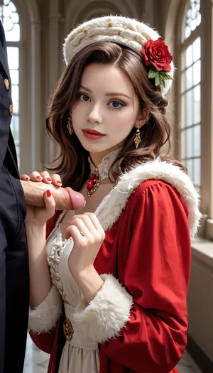 masterpiece, dslr, ultra detailed, bright light, bright colors.Style of a Renaissance portrait. The sitter is shown in a three‑quarter length pose, turned slightly to the left, looking out at the viewer. She wears a rich red dress or costume, with a fur around her neck, (or fur trim), and a hat trimmed with gems. Her hair is loose, (not entirely bound up), flowing, which is unusual and more sensual compared to many portraits of noble women of the time. The background includes architectural elements — a loggia/window, possibly showing a view toward Naples, evoking an urban or palatial scene, . It is also admired for expressing female beauty with a more natural, less rigid posture — the loose hair, the exposure of arms, the sensual yet dignified presence mark a new or less typical approach in Central Italian portraiture of its day. Man out of frame, handjob.
