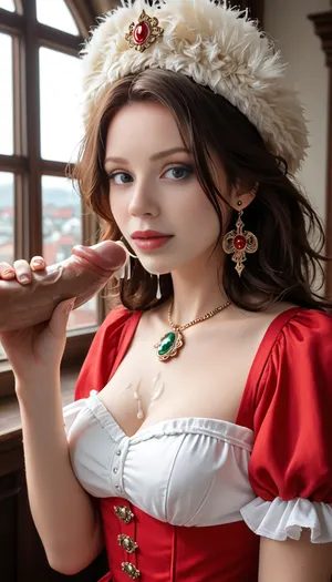 masterpiece, dslr, ultra detailed, bright light, bright colors.Style of a Renaissance portrait. The sitter is shown in a three‑quarter length pose, turned slightly to the left, looking out at the viewer. She wears a rich red dress or costume, with a fur around her neck, (or fur trim), and a hat trimmed with gems. Her hair is loose, (not entirely bound up), flowing, which is unusual and more sensual compared to many portraits of noble women of the time. The background includes architectural elements — a loggia/window, possibly showing a view toward Naples, evoking an urban or palatial scene, . It is also admired for expressing female beauty with a more natural, less rigid posture — the loose hair, the exposure of arms, the sensual yet dignified presence mark a new or less typical approach in Central Italian portraiture of its day. Boy out of frame, handjob. Lots of cum on cock.