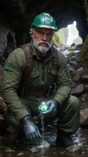 A 60-year-old geologist with a white beard and hair, ((discovers an emerald)), the man kneels and, (((looks at the gem))), in a deep cave. He is wearing a rugged geologist suit, heavy duty assault pants, and all-terrain boots. The man stares in amazement at a large, semi-transparent emerald-colored gem in his hand, impressed by its sheer perfection. His amazement and happiness at having discovered it are visible. The geologist is wearing dirty clothes, worn by the terrain, drops are falling from the walls, moss, and puddles. The cave is rocky and dark, but the flashlight on his helmet illuminates very well, water is falling from the walls and moisture is passing through them. All in high resolution and ultra-realism, with ultra-fine details and realistic colors. High 8K picture performance, super sharp high contrast with no errors or imperfections, perfect UHD image. High definition background with high details.