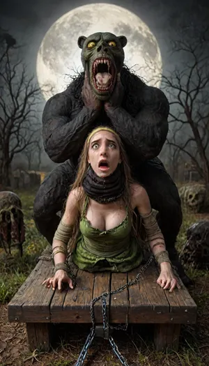 ((Rubeus Hagrid:1.6), demented, insane brute thug warden of Hogwarts, (yellow green zombie like skin color:1.6)), pitch black eyes, 4 meter tall, very angry, hairy bare chest with massive scars, hyper massive muscular, (built like a bear, human face with beard to his waist:1.3), (wearing Rubeus Hagrid clothes and armor, 2 meter pole hammer on back, magic enhanced red sickle in hand, signature Piwafwi cloak with bear fur pelt, dungeons and dragons inspired chainmail), yellowish green zombie skin, black and purple hair, necromancer, wood Warrior, Drow, celtic tattooed body, scarred, black purple eyes, heavy and uberfit, bloody, blood spatter, wolf, werewolf Warrior, magazine cover, Realism_Quality_2xx_By_Stable_Yogi, score_9, score_8_up, score_7_up, (((very rough and criminal face:1.3))), (((extremely ultra detailed face:1.3))), perfect fingers and hands, (full body view:1.4), (extreme size difference:1.32), (ultra realistic), (maximum quality), (high resolution), (extreme detail), (ultra realism), UHD, super high quality, highly detailed, high resolution, perfect lighting, natural lighting, Uber realistic, ultra detailed, masterpiece, 35mm photograph, film, professional, 4k, hdr, photographic, ultra realistic, ultra high details, back light, (dynamic pose), (dynamic angle), (random angle), (random pose), (dynamic view), (random view), best quality, volumetric lighting, golden hour lighting, dramatic shadows, rich details, nature-inspired color palette, ((very wide long shot:1.7)), golden hour, (eyes wide open in horror:1.42), (wide mouth spreader:1.5), (pleading expression:1.38), (terrified:1.48), (crying:1.46), (fear and panic:1.84), (18 year old), (eye contact), (petite young girl), view from above, sitting in the grass, green minidress, medium breasts, cleavage, striped stockings, sneakers, (blond hair, hair band), (cute), (petite girl), (narrow waist), backyard, perfect hands, perfect fingers, perfect anatomy, realistic skin, (in a bloody filed after a battle, white full moon in the sky:1.4), (man is choking her from behind:1.6), ((hogtied, bound with large chains, tied to a torture table:1.3)), cock in mouth, (brutal face fuck), (cum drips from nose:1.3), (cum drips from mouth:1.3), ultra hd, photorealistic, gangbang, double anal penetration, anal spitroast, groupsex, deepthroat, (4 gigantic African black brute thug, huge trunklike arms, huge head, hyper muscular body, dressed in slave clothes:1.36), (gigantic African black brute thug, gangbang, double anal, anal spit roast, double penetration:1.14), <lora:Dark_Elf_Warrior:2>, <lora:Drow:2>, <lora:339100_training_data:2>, <lora:zavy-brbrn-sdxl:2>, <lora:LCMTurboMix_Euler_A_fix:2>