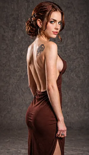 View from behind at a slight angle of a breathtaking fully clothed 19-year-old woman standing in a dimly lit night club, she is turned slightly so that our focus is on her back but we see some of her figure and part of her face, she is tall and slender with large breasts and flawless pale skin, her medium-length orange-red hair cascades down in ringlets, (((fully clothed in a beautiful opaque brown dress))), she wears a beautiful classy backless and strapless short chocolate brown evening dress that cups her body, the dress displays her gorgeous bare back while covering and accenting her perfect ass and thighs and showing some very tempting side boob, ((she has a colorful tattoo of Medusa’s head on one shoulder blade)), masterpiece, incredibly detailed, very sexy, ((side boob)), aidmawomanbodytattoo, <lora:aidmaWomanBodyTattoo-FLUX-V0.1:.8>, <lora:SkinDetails_flux_lora_v8:.8>, aidmafluxproultra, <lora:aidmaFluxProUltra-FLUX-v0.1:.8>