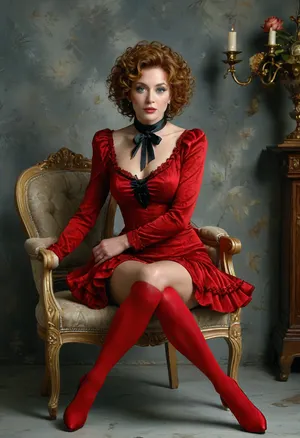 Full body view portrait, (((BODY FACING FRONT, LOOKING FRONT))), russian woman, (50 years old:1.3), (short body:1.3), sitting on a chair, (curly, luxuriant, reddish, hair:1.2), TanRealStockings, gray background, lo, dress, long, layered, choker, bow, sleeves, style, of, Michael, Cheval, <lora:tbh129-sdxl:.8>