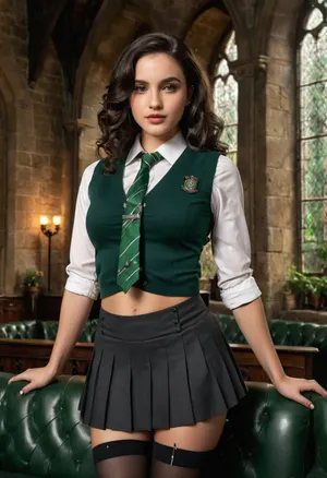 (Slytherin castle common room school uniform scene), (score_9, score_8_up, masterpiece, best quality, highres, photorealistic, ultra-detailed), portrait from waist up, 1girl, Selene Moreau, 20-year-old French beauty, tall slim curvy body with porcelain pale flawless glowing skin, extremely long silky jet-black curly hair cascading down past waist, forehead smooth and high, arched dark brows, piercing gray-green almond-shaped eyes with cold seductive gaze and long curled lashes, double eyelids, sharp straight nose, high cheekbones, pale flushed cheeks, oval elegant face, glossy full lips painted deep burgundy, subtle smirk, white straight teeth, long slender neck, straight shoulders, slim toned arms, delicate wrists, elegant hands resting on waist, manicured nails painted glossy nude, medium natural breasts shaped under blouse, toned flat stomach hidden under uniform, narrow waist, wearing Slytherin school uniform, short dark green pleated skirt, fitted white blouse buttoned low with cleavage visible, (nipples covered), green vest with silver trim, loose green-and-silver striped tie, sheer black thigh-high stockings, black shoes, background with Slytherin common room, stone walls, gothic arch windows under water with green light, velvet sofas and banners with silver snake emblem, moody cinematic HDR glow, ultra-detailed anatomy, realistic skin, fabrics and environment textures, <lora:PerfectEyesXL:1>, <lora:Microwaist_XL_v01:.8>, <lora:Beautify-Supermodel-SDXL:1>, <lora:xl_more_art-full_v1:.8>, <lora:add-detail-xl:.8>