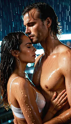 A highly detailed, ultra-realistic cinematic portrait of a passionate couple standing close together under falling rain, their wet clothes clinging to their bodies. The man, with wet hair and a serious, intense expression, gently holds the woman’s chin and waist, his gaze fixed on her lips. The woman, with long wet hair, closed eyes, and sensual makeup with smudged eyeliner, leans in with parted lips, surrendering to the moment. Both wear thin white shirts made translucent by the rain, creating dramatic textures. She wears a white sports bra and underwear beneath, while he wears his shirt open over his chest. Their skin glistens with water droplets under a striking modern lighting setup, warm golden beams of light from behind outline their wet hair, combined with cool blue highlights reflecting on their skin. The background is a modern, luxurious rooftop terrace at night with soft blurred city lights, creating a cinematic, intimate atmosphere. Focus on hyper-detailed facial expressions, wet textures on skin and clothing, the sensual pose full of tension and chemistry, and dramatic contrasts of light and shadow for maximum depth and realism