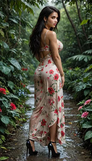 Tifa lockhart, bimbo, dark rown skin, tattoo, summer dress, super fit, athletic body, meadow, flowery meadow, flowers in hair, colorful bracelets, dark night, midnight, freckles, big round earrings, jungle, rain, dance, perfect breast, golden tattoo on back, floral dress, black eyeshadow, black eyeliner, full back tattoo, perfect Fit, heavy Rain, wet, without shoes, soaked, side wiew, full body view, high heels, <lora:detailed_notrigger:2>, <lora:add-detail-xl:.8>, <lora:LCMTurboMix_Euler_A_fix:.8>, <lora:677862_training_data:.8>
