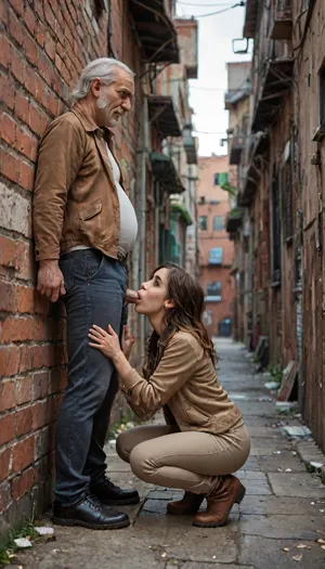 Rogue wearing only a open light brown jacket, squatting, blowjob, old man, alley, side wiew, full body view, <lora:detailed_notrigger:2>, <lora:add-detail-xl:.8>, <lora:LCMTurboMix_Euler_A_fix:.8>, <lora:677862_training_data:.8>
