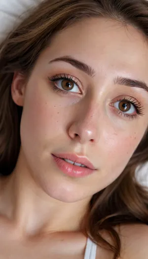 View from above, sexy young girl lying on bed, 19 years old American woman, brown long hair, white skin, thin, tiny little saggy tits, huge aureolas, black eyes, white nipples, little lips, freckles on face, big black eyebrows, very cute and sexy, small nose, naught smile, in the morning, selfie, rhinoplasty, middle body view