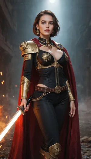 realistic Jill Valentine as a Warhammer 40k Rogue Trader in battle, fierce and commanding, large breasts, wearing ornate gothic voidsuit armor with gold trim and a flowing crimson cape, purity seals and Imperial symbols across her armor, wielding a gilded power sword crackling with energy in one hand and a plasma pistol in the other, leading a boarding action aboard a burning starship, chaos of gunfire and melee around her, grimdark atmosphere, cinematic photorealism, ultra-detailed textures, dramatic lighting, volumetric light, ray tracing reflections, epic composition, depth of field, highly detailed environment, 8k, masterpiece, best quality