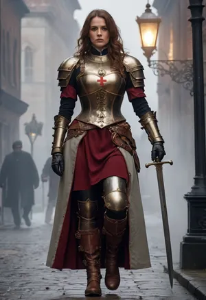 Victorian steampunk female knight templar, crusader, standing in ornate brass and steel armor with chainmail, white tabard with red cross, leather straps, corset elements, cogwheel pauldrons, steam vents, brass gauntlets, Victorian boots with plated greaves, carrying a clockwork longsword and shield with gears, heroic stance, commanding presence, foggy Victorian street, gas lamps glowing, gothic clock tower in the background, steam rising, cinematic atmosphere, dramatic lighting, (masterpiece, best quality, ultra-detailed, photorealistic, 8k, RAW photo, HDR, realistic textures, depth of field, global illumination, hyper-detailed metal and cloth)