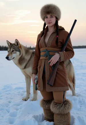 (One, (young Yakut woman, hunter:1.2), dressed, (in traditional Yakut winter hunting clothes:1.3), wearing a luxurious fur hat:1.1), (Yakut, detailed hunting clothing made of leather and fur:1.1), (double-barreled hunting rifle hanging on her shoulder:1.2), (standing in the snow, next to a realistic large Arctic wolf:1.4), (snow-covered plain:1.1), (winter landscape:1.1), (sun setting below the horizon:1.1), (distant trees:1.1), (focused gaze:1.1), (depth of field:1.1), (photorealism:1.3), (studio lighting:1.1), (reportage photography:1.1), (high detail:1.1), (ultra-high resolution:1.1), (8k:1), (outdoor photography:1.1)