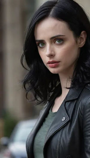 photo of Jess, with medium length black wavy hair, wearing a black leather jacket over a gray top, no makeup, green eyes, soft lighting, background blurred.