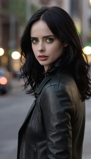 photo of Jess, with medium length black wavy hair, wearing a black leather jacket over a gray top, no makeup, green eyes, soft lighting, background blurred.