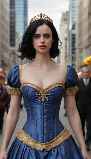 photo of Jess, a high-born Renaissance lady, pale skin, shoulder-length black wavy hair, wearing a Renaissance-style blue and gold corset dress with puffed sleeves, gold trim, and a gold tiara, walking on a busy, modern city street, soft lighting, high-rise glass buildings in the background, serious expression, city street with blurred pedestrians.