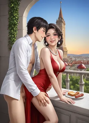 CClassic hentai/anime style, ((Masterpiece)), ((best quality)), (realistic details:1.2), ((couple)), (woman and man on the balcony:1.1), (Renaissance style:1.4), (beautiful, mature, smiling woman:1.3), MILF, (long dark hair), (red dress with bare shoulders), (unbuttoned bodice:1.4), (full nude breasts:1.2), (cleavage), (bare breasts:1.4), (pearl necklace), (blush on cheeks:1.1), (man in shirt), (man's hand on woman's thigh:1.3), (man fucking woman in the ass:1.8), (Leaning Tower of Pisa in the background:1.7), ((rising sun)), soft lighting, open balcony, (picturesque landscape:1.2), Italy, medieval city, greenery, bright sky, ((nearby glass of red wine, meat, bread, cheese)), (breakfast turning into anal sex)