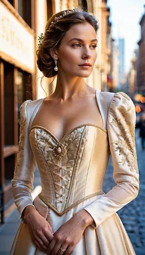 "Cinematic masterpiece, hyper-realistic 32K photograph, shot with a custom-calibrated Phase One XT camera, Rodenstock HR Digaron-S 180mm f/5.6 lens, captured at golden hour with intricate bokeh and natural atmospheric haze. A subtly posed, elegant highborn Italian Renaissance noblewoman, (inspired by Isabella d'Este, in her prime), stands poised, gazing thoughtfully, as if momentarily paused, amidst a truly authentic, bustling modern New York City streetscape, (circa 2025-2027), . Every thread of her custom-tailored, historically accurate 16th-century Italian gown is visible, iridescent Venetian silk brocade, rich velvet accents, delicate gold thread embroidery, intricate pearl detailing on the bodice and sleeves. The gown features a graceful, flowing silhouette with natural folds, a perfectly structured yet soft corset, and an aristocratic, modest décolletage. Her complexion is flawless, natural skin texture, serene yet commanding facial expression, subtle period-appropriate makeup. The urban environment is a photorealistic tapestry of soft-focus background elements, architectural reflections on glass edificios, diffused light from distant LED screens, indistinct figures of passersby, and genuine street textures. The composition is a harmonious blend of historical grandeur and contemporary urban grit, captured with exquisite depth of field and an artistic eye for storytelling. The overall mood is one of timeless beauty encountering dynamic modernity, evoking a sense of wonder and sophisticated contrast. Masterful light and shadow play, extreme textural fidelity, no digital noise, perfectly rendered proportions and anatomy."