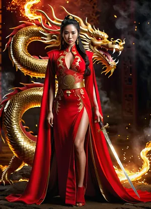 (masterpiece, best quality, ultra-detailed:1.2), (photorealistic, 8k, sharp focus:1.1), full body shot of a beautiful Chinese warrior priestess, long flowing dark hair, intricate updo, (red oriental-inspired gown with gold accents and high slit:1.3), revealing top, holding a glowing golden sword, standing majestically, with, ((a massive, angry, glowing red and gold oriental dragon)), coiled behind her as an imposing backdrop, dragon's head visible, glowing eyes, digital painting, fantasy art, cinematic lighting, dramatic atmosphere, volumetric lighting, particles, embers, fire sparks, dark background with subtle glowing Chinese characters, intricate gold embroidery, jewelry, alluring, confident pose, rich colors, deep reds, shimmering golds, (detailed skin texture:1.1), (epic composition:1.1), (fantasy poster art:1.2)