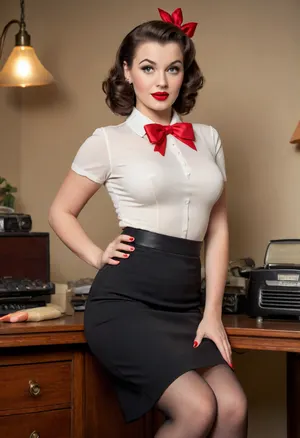 photorealistic 1950s pin-up woman, age 30, curvy figure, glowing skin, classic makeup, winged eyeliner, bright red lipstick, vintage waves hairstyle with bold bow, fitted retro top, subtle neckline, high-waisted pencil skirt, sheer back-seam stockings, elegant high heels, sensual playful pose, confident charming expression, retro 1950s background, cinematic soft lighting, ultra-detailed, 8k, high resolution, realistic skin texture.