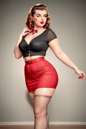 photorealistic 1950s pin-up woman, age 30, curvy figure, glowing skin, classic makeup, winged eyeliner, bright red lipstick, vintage waves hairstyle with bold bow, fitted retro top, subtle neckline, high-waisted pencil skirt, sheer back-seam stockings, elegant high heels, sensual playful pose, confident charming expression, retro 1950s background, cinematic soft lighting, ultra-detailed, 8k, high resolution, realistic skin texture.