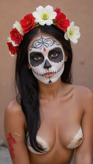 Sexy, little, Mexican girl, Catrina skull full face paint, bright green eyes, ((black, white, and red, face paint:1.2)), t1, skull, dia de los muertos, day of the dead, flowers in hair, long black hair, styled up nice, ((skull face paint)), naked, skinny body, dark tanned body, (tan lines:1.3), mexican, talavera, she is on her knees, seductive look on her face, hotsquat, woman, squat, bellissima, 1girl, <lora:TalaveraCatrina_by_Devdope-000011:1.7>, <lora:woman_squat_xl_lora-000031:1>, <lora:LesFemmesXL_v1.0:.9>