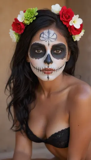 Sexy, little, Mexican girl, Catrina skull full face paint, bright green eyes, ((black, white, and red, face paint:1.2)), t1, skull, dia de los muertos, day of the dead, flowers in hair, long black hair, styled up nice, ((skull face paint)), naked, skinny body, dark tanned body, (tan lines:1.3), mexican, talavera, she is on her knees, seductive look on her face, hotsquat, woman, squat, bellissima, 1girl, <lora:TalaveraCatrina_by_Devdope-000011:1.4>, <lora:woman_squat_xl_lora-000031:1>, <lora:LesFemmesXL_v1.0:1.1>
