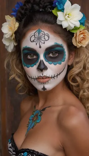 Sexy, little, Mexican girl, Catrina skull full face paint, bright green eyes, ((black, white, and blue, face paint:1.2)), t1, skull, dia de los muertos, day of the dead, flowers in hair, long black curly hair, styled up nice, ((skull face paint)), naked, skinny body, dark tanned body, (tan lines:1.3), mexican, talavera, she is on her knees, seductive look on her face, hotsquat, woman, squat, bellissima, 1girl, <lora:TalaveraCatrina_by_Devdope-000011:1.4>, <lora:woman_squat_xl_lora-000031:1>, <lora:LesFemmesXL_v1.0:1.1>