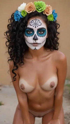 Sexy, little, Mexican girl, Catrina skull full face paint, bright green eyes, ((black, white, and blue, face paint:1.2)), t1, skull, dia de los muertos, day of the dead, flowers in hair, long black curly hair, styled up nice, ((skull face paint)), naked, skinny body, dark tanned body, (tan lines:1.3), mexican, talavera, she is on her knees, seductive look on her face, hotsquat, woman, squat, bellissima, 1girl, <lora:TalaveraCatrina_by_Devdope-000011:1.4>, <lora:woman_squat_xl_lora-000031:1>, <lora:LesFemmesXL_v1.0:1.1>