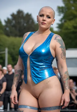 chubby bald-headed german tattooed women, ((clear blue pvc vest, full frontal nude, full body)), boots, on an open air stage