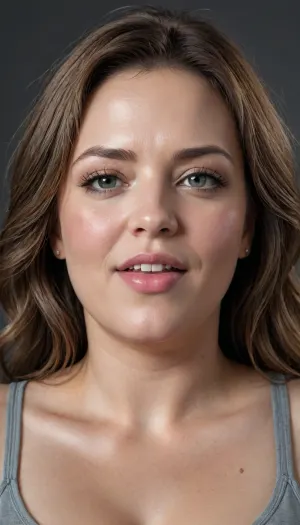 A detailed, photorealistic portrait of a confident and beautiful fat bbw mature woman. She is wearing a lowcut v-neck t-shirt, braless. She has a chubby and soft face with a friendly, inviting smile. Her eyes are a striking blend of gray, blue, and green, captivating and expressive with subtle lines at the corners. Her lips are luscious and full, with a natural rosy tone. Her skin shows the authentic signs of maturity, adding to her beauty. Her wavy, shoulder-length hair is a rich light bbrunette with prominent strands of silver and gray gracefully blending into the base color. She has a curvy, plump, and voluptuous body with a full figure. The overall aesthetic is a sensuous and alluring Eastern European mature woman, exuding confidence and elegance. The image should be captured with exceptional detail and realistic lighting, focusing on her expressive facial features and her appealing, curvy form. Eye contact with the viewer. mega Ultra Quality, Shot on Canon EOS R5, 85mm f/1.2, studio lighting, ((high quality, 4k, realistic, high detailed, insanely detailed, real, best quality, ultra-detailed, fine detail, professional photography, taken with Canon EOS 5D Mark IV DSLR, aperture f/8, shutter speed 1/250 sec, ISO 100, highres, 8k wallpaper, cinematic lighting, masterpiece, heavily upvoted)), ((masterpiece)), high detail, complex details, OverallDetail, perfect lighting, professional realistic photo, <lora:rknArouseXL:.8>