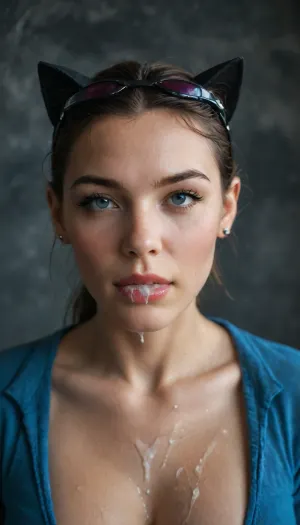 Catwoman, Arkham City, Blue shirt, looks curious, wet body, wet hair, detailed background, perfect detailed body, detailed skin texture, cute face, realistic face, upper body view, happy, enjoying, pov, huge natural breasts, Huge cum oozing out of the mouth, cum filled mouth, massive ejaculation on her face, opening her mouth, <lora:405168_training_data:.8>