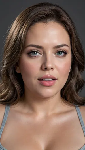 A detailed, photorealistic portrait of a confident and beautiful fat bbw mature woman. She is wearing a lowcut v-neck t-shirt, braless. She has a chubby and soft face with a friendly, inviting smile. Her eyes are a striking blend of gray, blue, and green, captivating and expressive with subtle lines at the corners. Her lips are luscious and full, with a natural rosy tone. Her skin shows the authentic signs of maturity, adding to her beauty. Her wavy, shoulder-length hair is a rich light bbrunette with prominent strands of silver and gray gracefully blending into the base color. She has a curvy, plump, and voluptuous body with a full figure. The overall aesthetic is a sensuous and alluring Eastern European mature woman, exuding confidence and elegance. The image should be captured with exceptional detail and realistic lighting, focusing on her expressive facial features and her appealing, curvy form. Eye contact with the viewer. mega Ultra Quality, Shot on Canon EOS R5, 85mm f/1.2, studio lighting, ((high quality, 4k, realistic, high detailed, insanely detailed, real, best quality, ultra-detailed, fine detail, professional photography, taken with Canon EOS 5D Mark IV DSLR, aperture f/8, shutter speed 1/250 sec, ISO 100, highres, 8k wallpaper, cinematic lighting, masterpiece, heavily upvoted)), ((masterpiece)), high detail, complex details, OverallDetail, perfect lighting, professional realistic photo, <lora:rknArouseXL:.8>